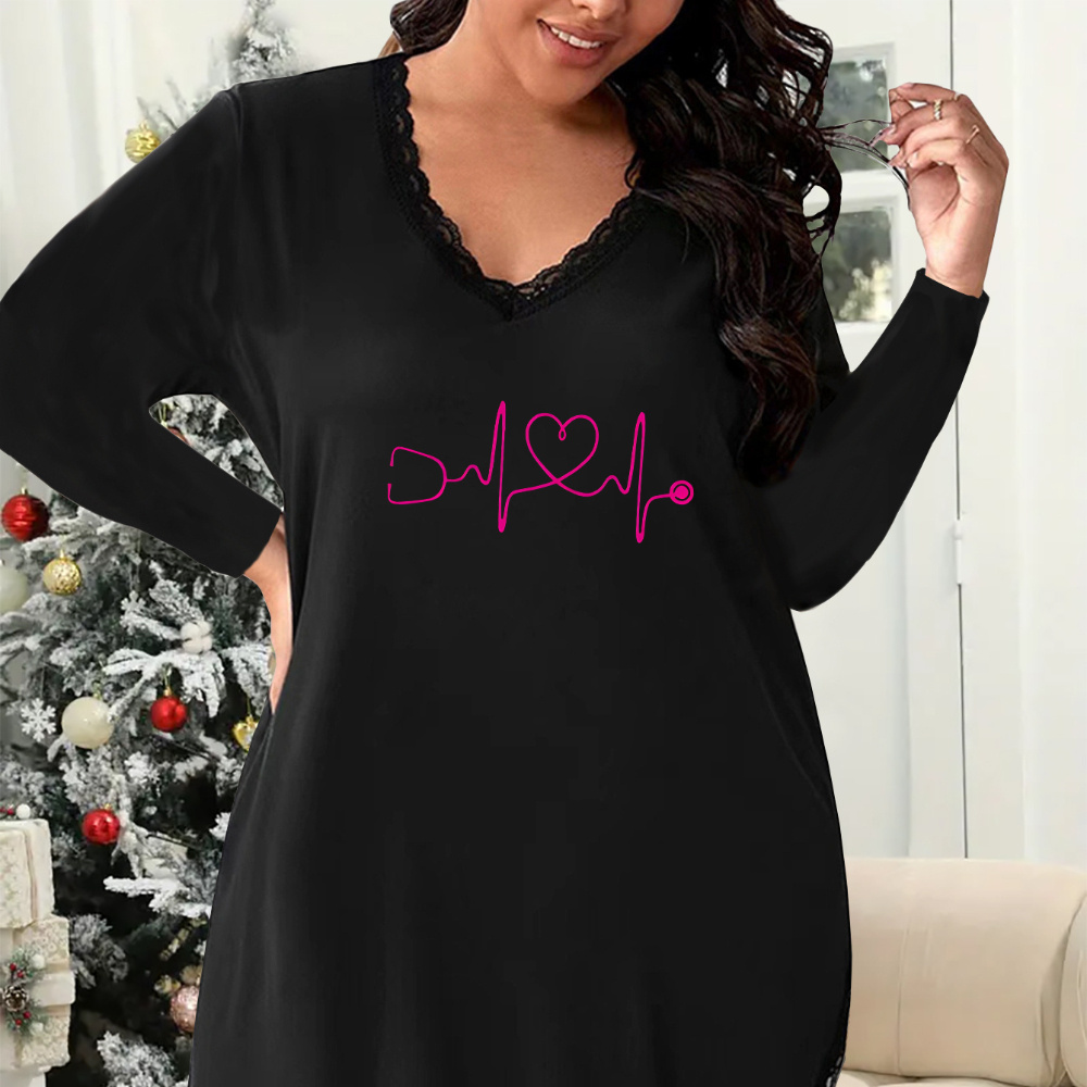 

Plus Size V-neck Long Sleeve Night Dress With Lace Trim, Casual Polyester Knit Sleepshirt Print For Women - Medium Stretch Fall Nightgown