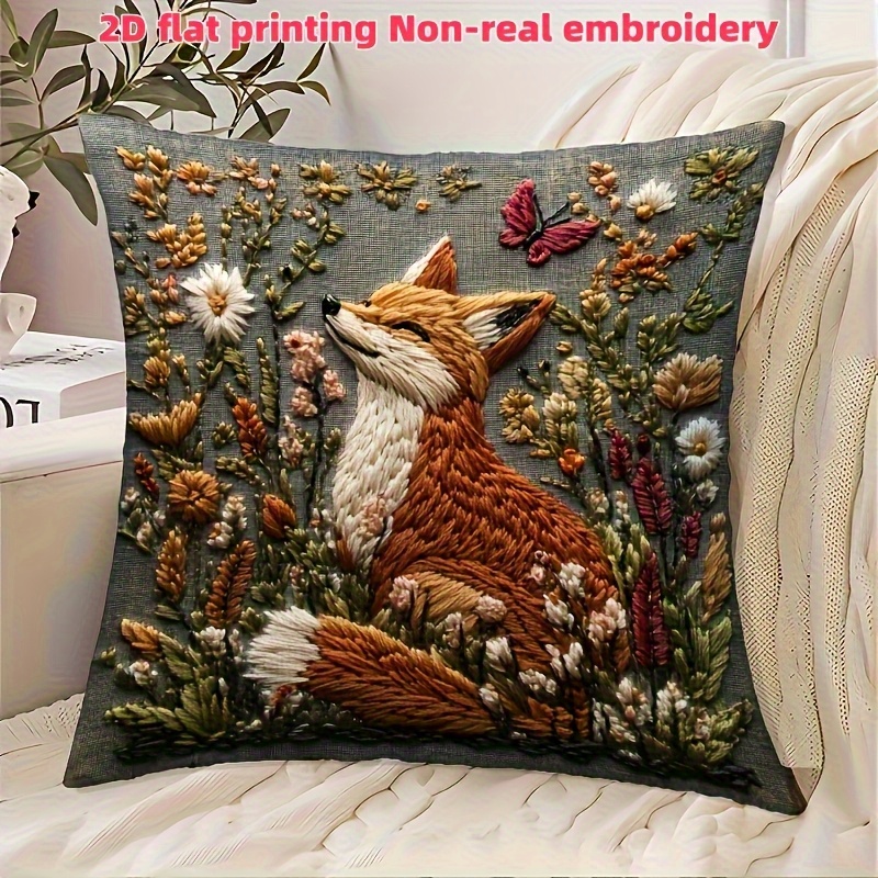 TEMU 1pc Vintage Fox & Floral Printed Pillow Cover 18x18 Inch - Machine Washable With Zipper Closure, No Filling For Sofa Living Room Bedroom Office