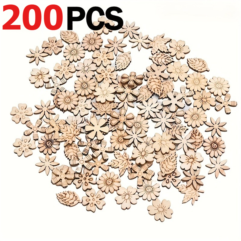 TEMU 200 pièces de bois mélangées, créatifs de fleurs et de feuilles, découpes et tranches pour décoration en bois, fête à , doodle et scrapbooking