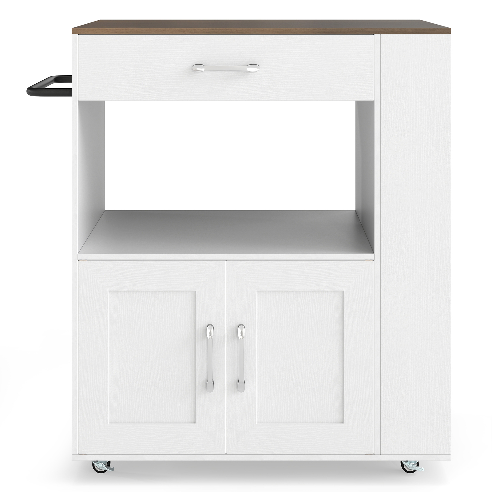 Image of Rolling Kitchen Island, Mobile Kitchen Cart Table With Lockable Wheels, 2-way Open Cube, Side Shelves, Drawer, Towel Rack, Rolling Utility Cart For Living Room, Dining Room, Hallway, White And Natural
