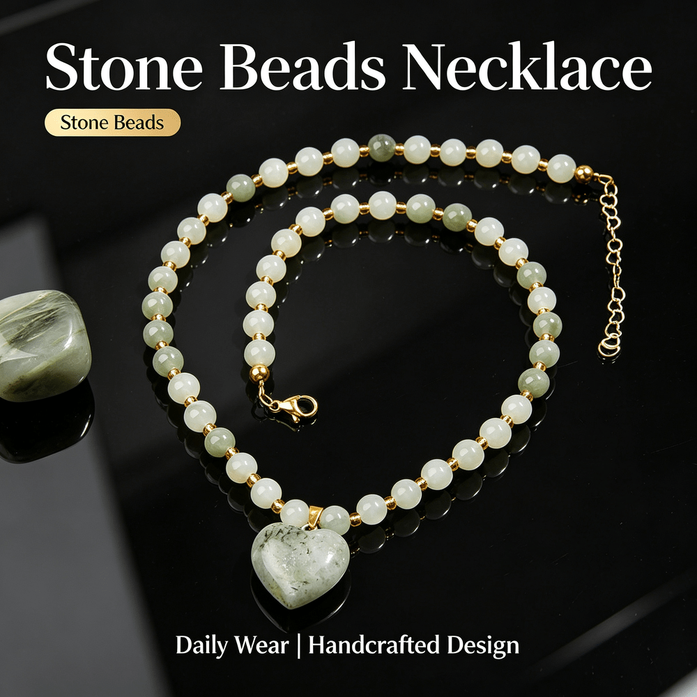 Natural Stone Beaded Necklace with Heart-shaped Stone Pendant