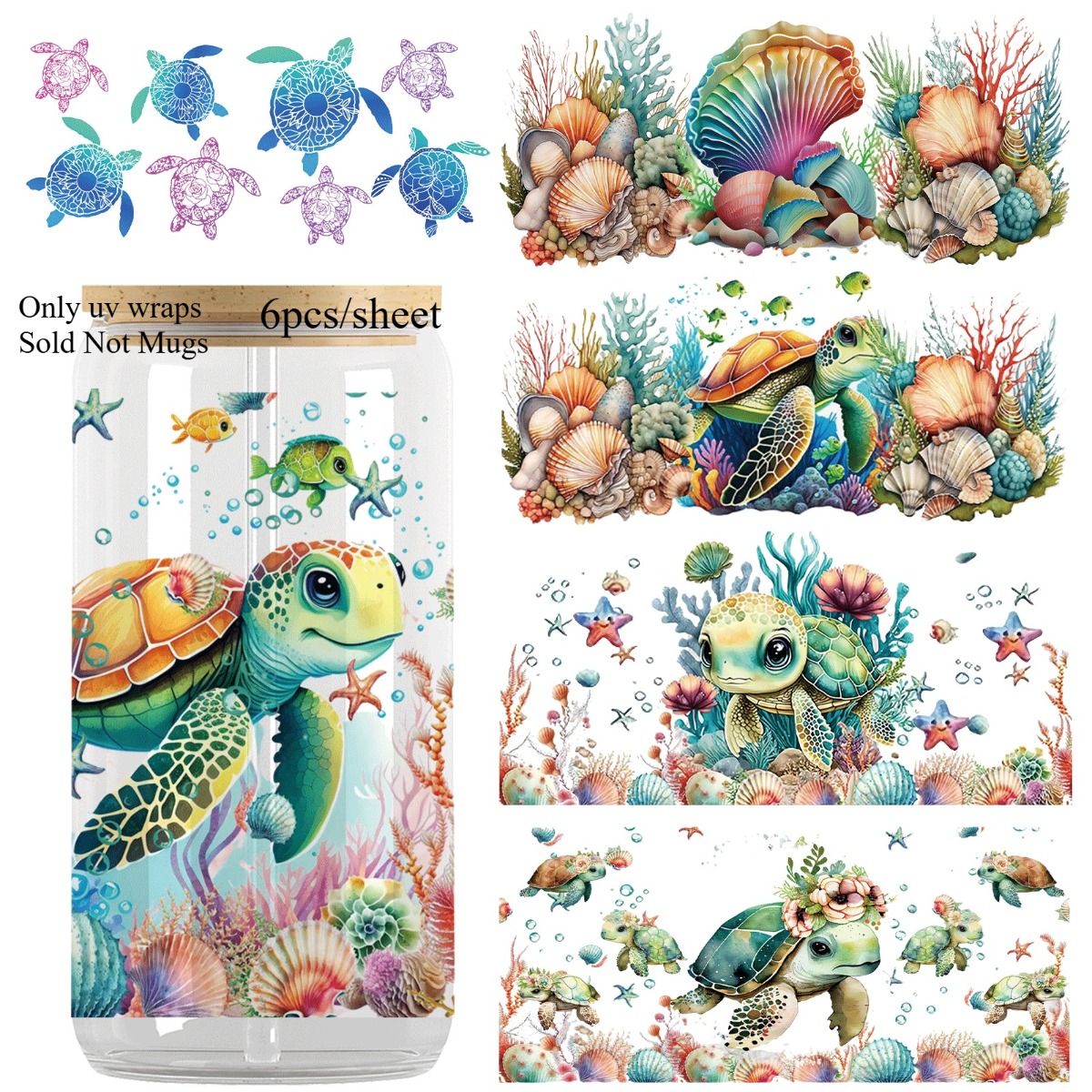 TEMU Lot de 6 feuilles, Tortue super mignonne de haute qualité, Parfait pour les gobelets de 16 onces, Gobelet non , Film de transfert UV DTF