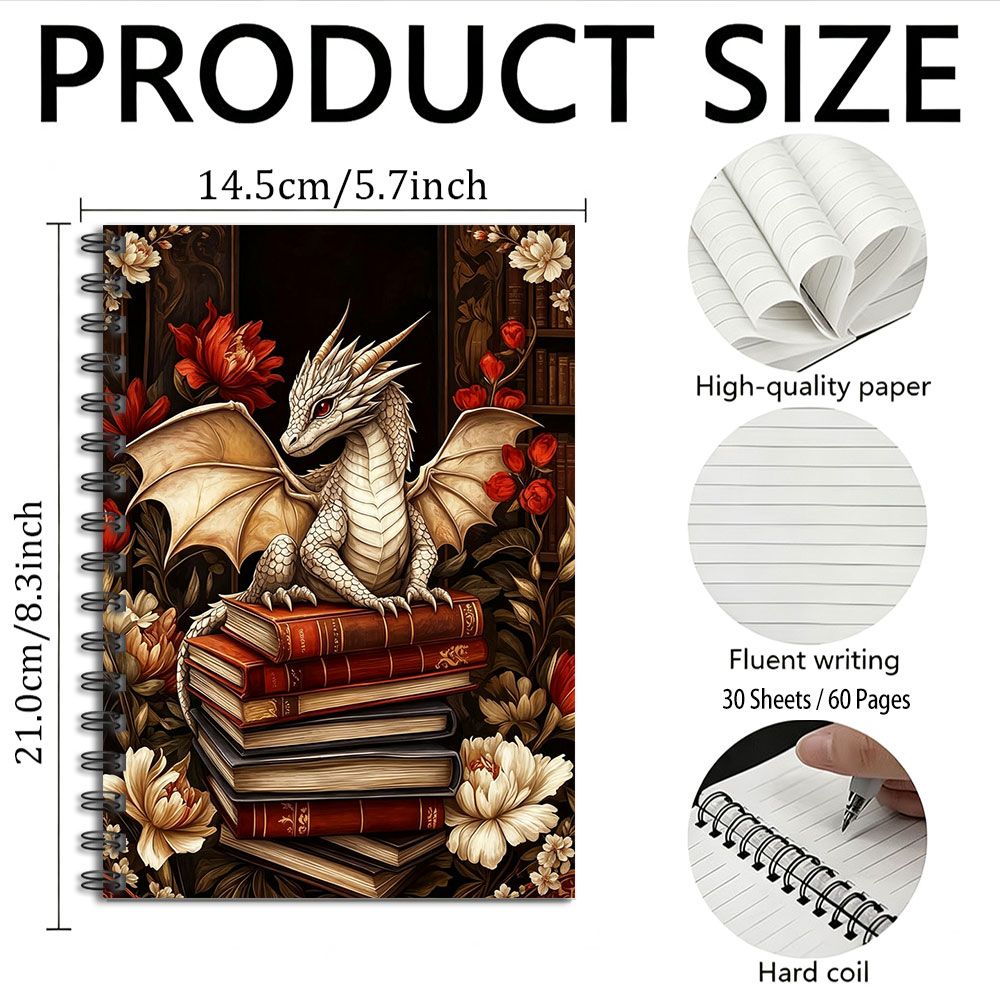 TEMU Style, Spiral Notebook, Dragon On Books Pattern, Study And Office Use, A5 Size 60 Pages
