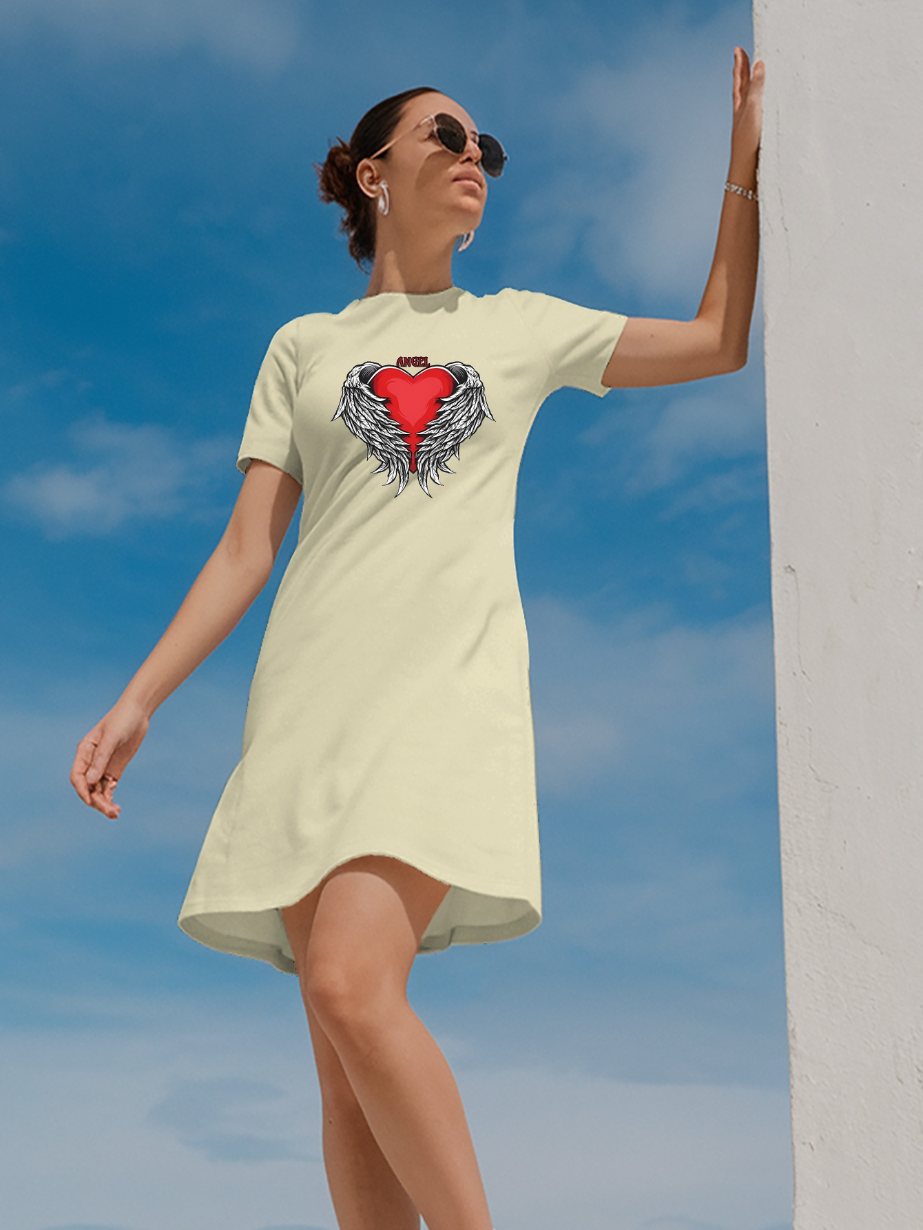 1pc womens heart print midi dress polyester fitted crew neck