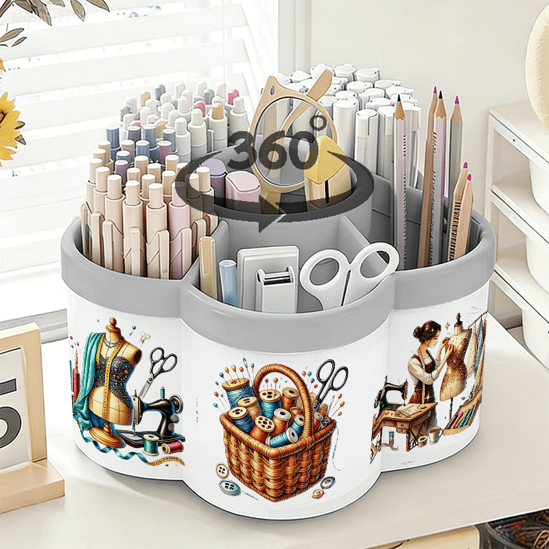TEMU Rotatable Pen Holder And Cosmetic Organizer | Sewing And Illustration Stickers - 360° Rotating Convenient Desktop Storage Box | Large Capacity