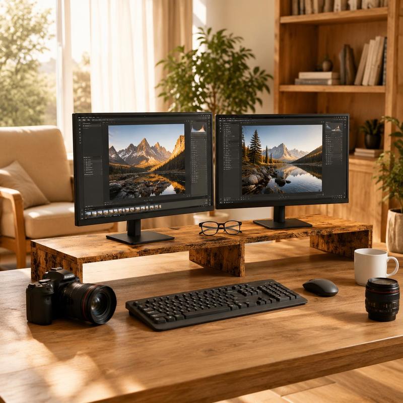 Dual Monitor Stand Riser, Wood Grain One-piece Extended Desk Shelf, Thick High-density Board Flat Surface, 3 Support Legs, Rounded Edges, For Home Office Study Desk
