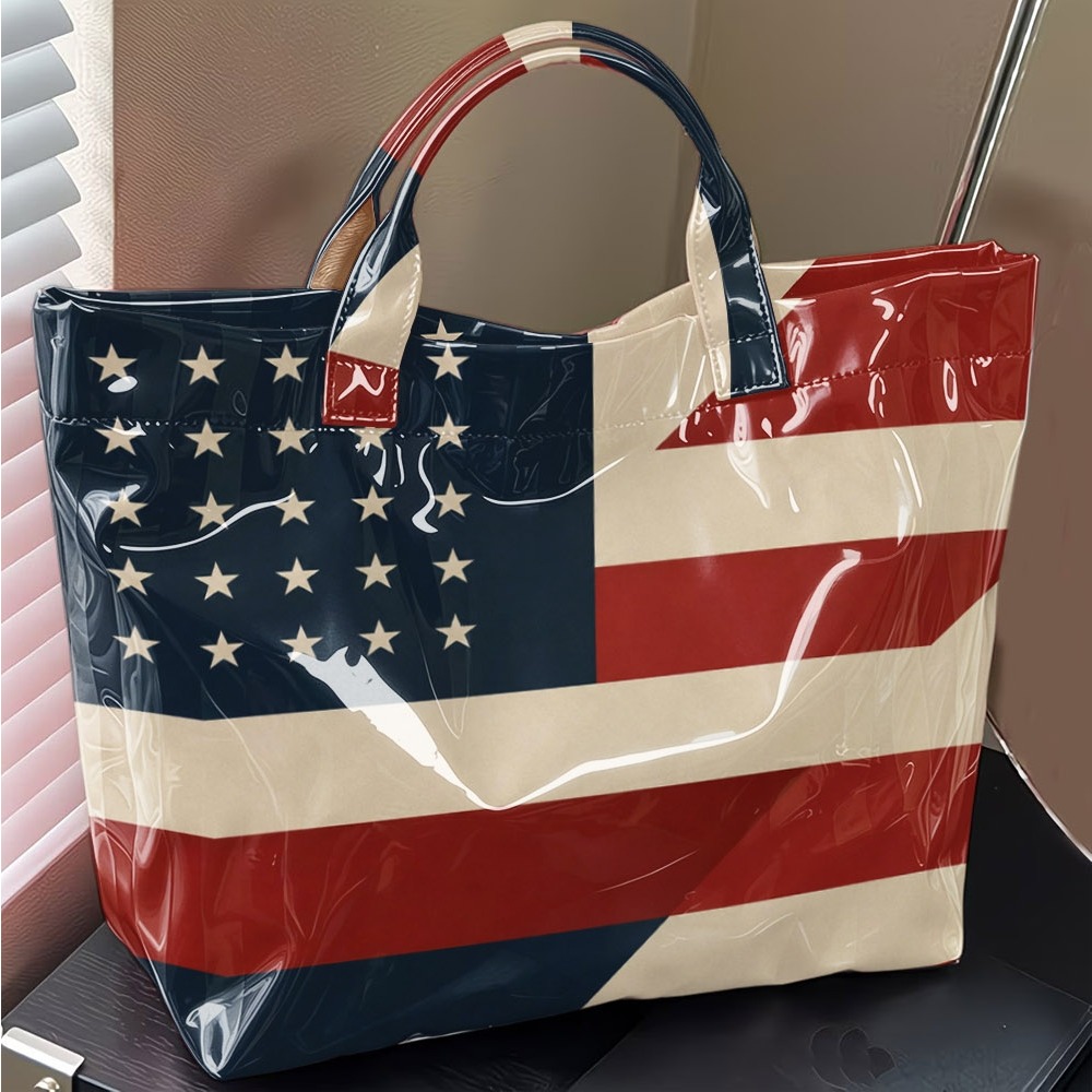 TEMU American Flag Geometric Print Tote Bag, Glossy Pvc Large Capacity Top Handle Shoulder Bag, Modern Abstract Usa Flag Pattern Casual Tote Bag,