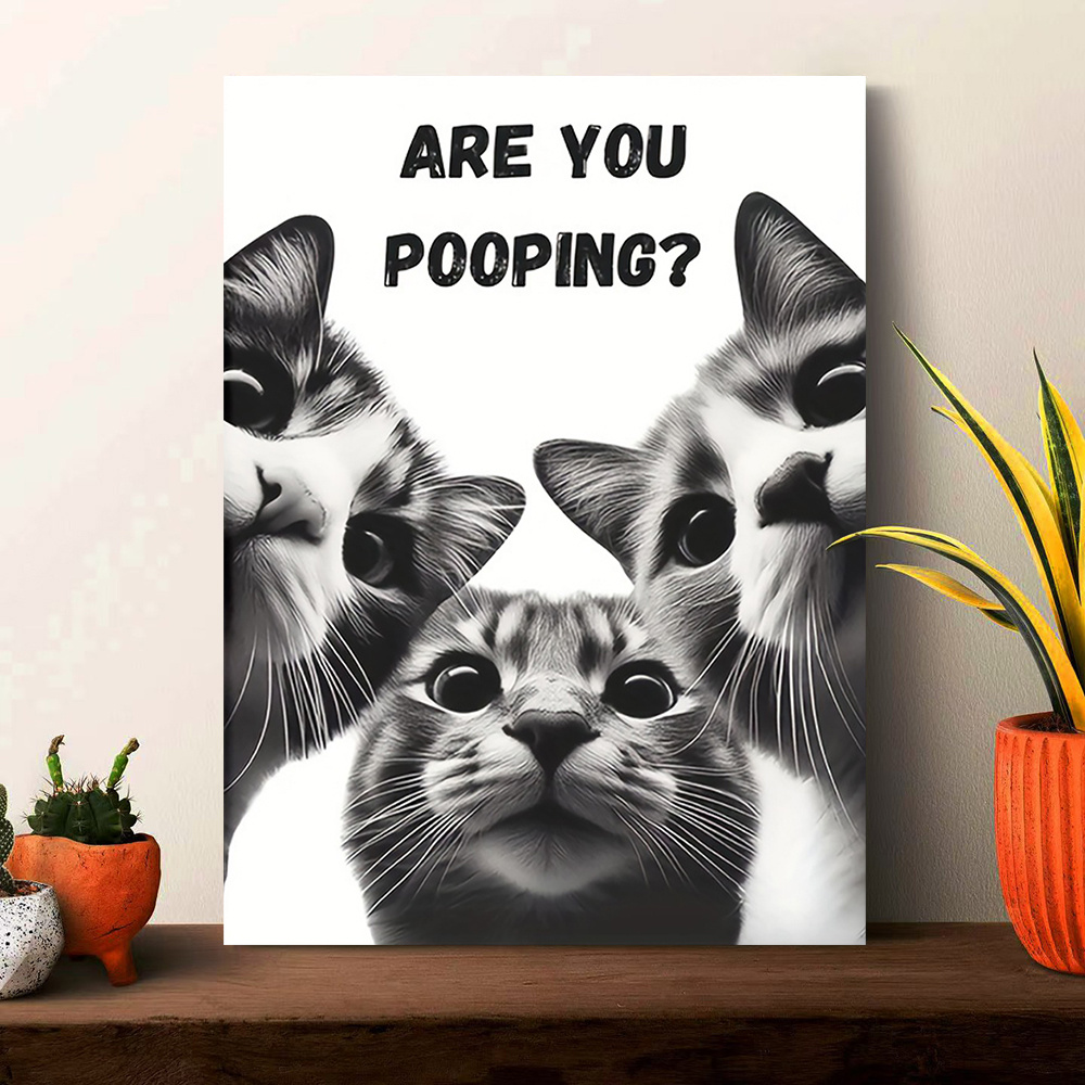 TEMU 2d Flat, 1pc Funny Cat Bathroom Decor - "are You Pooping?" Framed Canvas Wall Art With Cute Cats - Black & White Bathroom Poster - Ready-to-hang