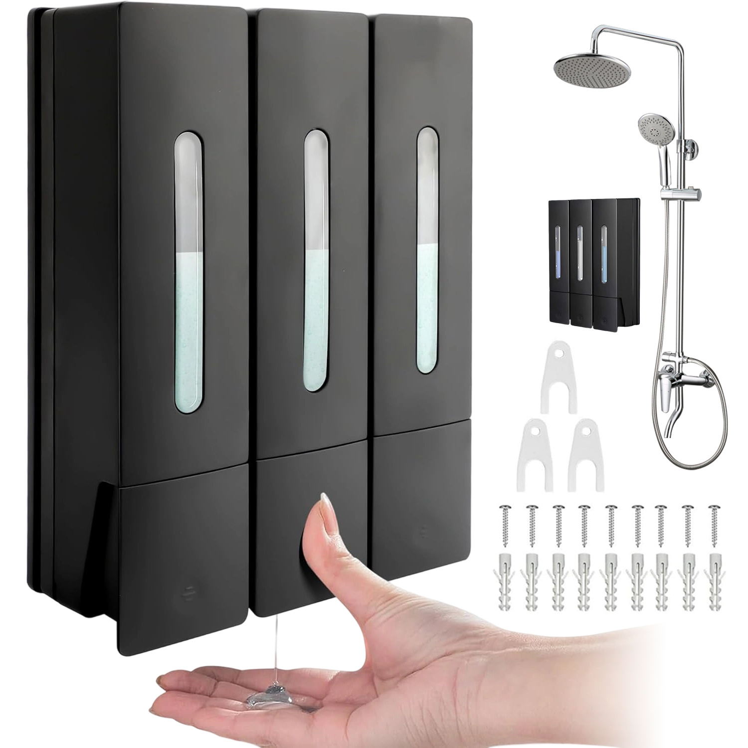 A Wall-mounted Dispenser With 3 Sections For Shower Gel, Shampoo, And Conditioner; It Serves As A Bathroom Accessory And A Storage Option