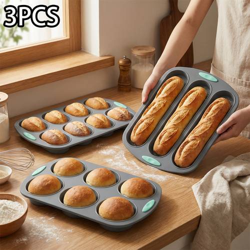 3pcs multifunctional bread baking set non stick perforated baguette pan 6 cup round bun mold 8 cup oval toast mold high temperature resistant bakeware for homemade breads stylish practical kitchen tools