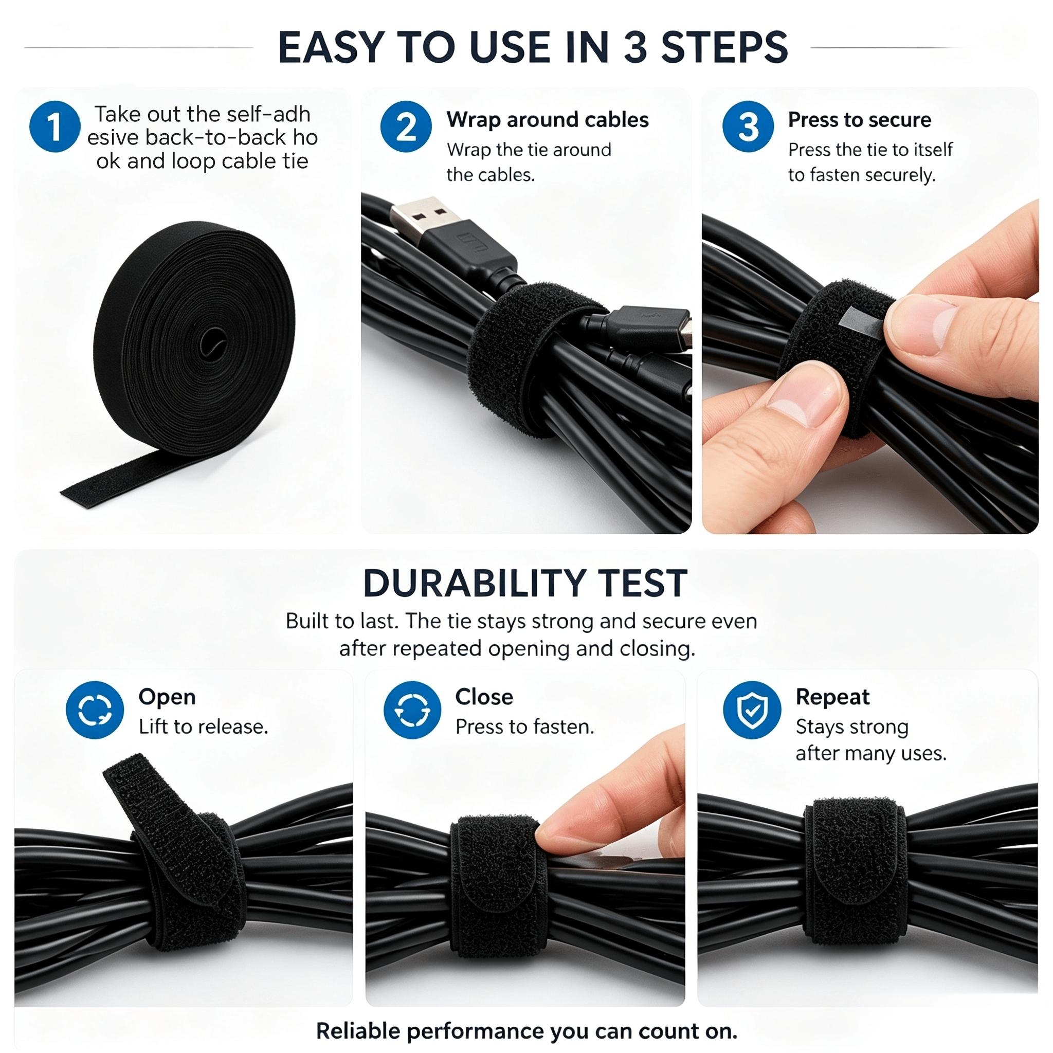 Self Adhesive Back to Back Hook and Loop Cable Tie Roll
