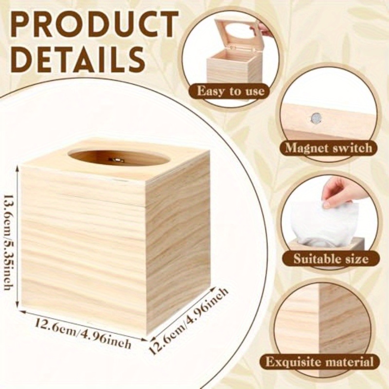 set of 6 unfinished wooden tissue box covers for diy projects featuring   design with a   opening   arts and crafts as well as home and bathroom decoration Product details 2