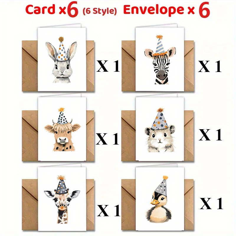 TEMU 12pcs Greeting Card Set (includes 6 Cards And 6 Envelopes), Vintage Rabbit, Deer, And Animal With Birthday Hat Designs, With Envelopes, Diy Fun