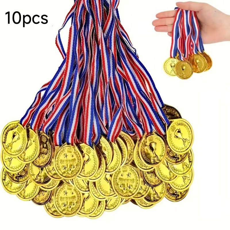 E-shop 10 goldene Kunststoff-Siegermedaillen – Dekorative Medaillen mit goldenem, glänzendem Kronenmuster, geeignet für Sport, Spiele, Wettbewerbe,