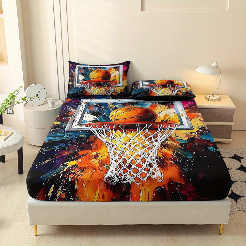 TEMU 3pcs Sports, Basketball Printed Fitted Sheet Set, Queen Mattress Cover, Twin Mattress Protector, King Bedding Set, Polyester Machine Washable,
