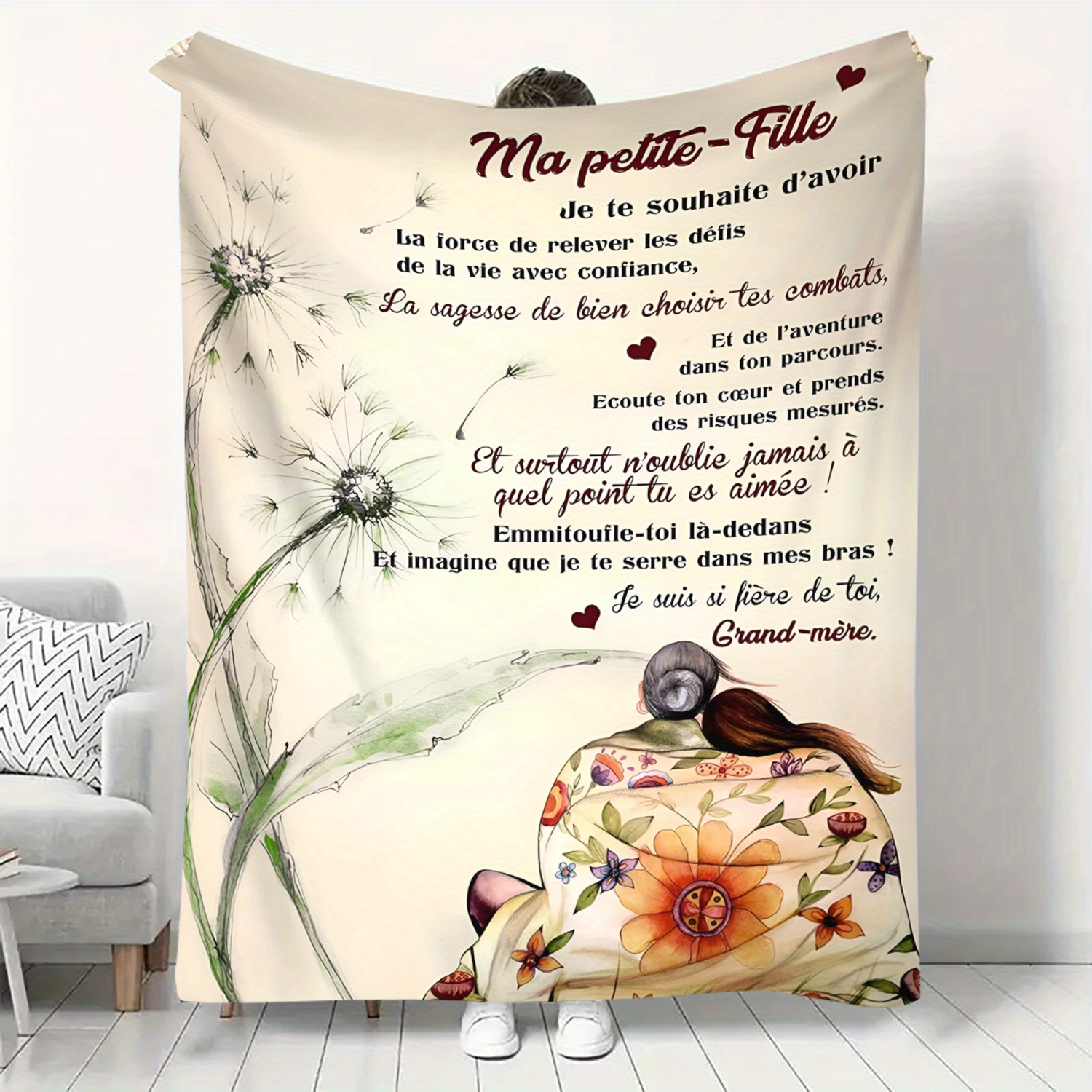 TEMU Couverture d'encouragement en français et confortable pour fille - Jeté de canapé chaud, confort toute , polyester tricoté léger, message ,