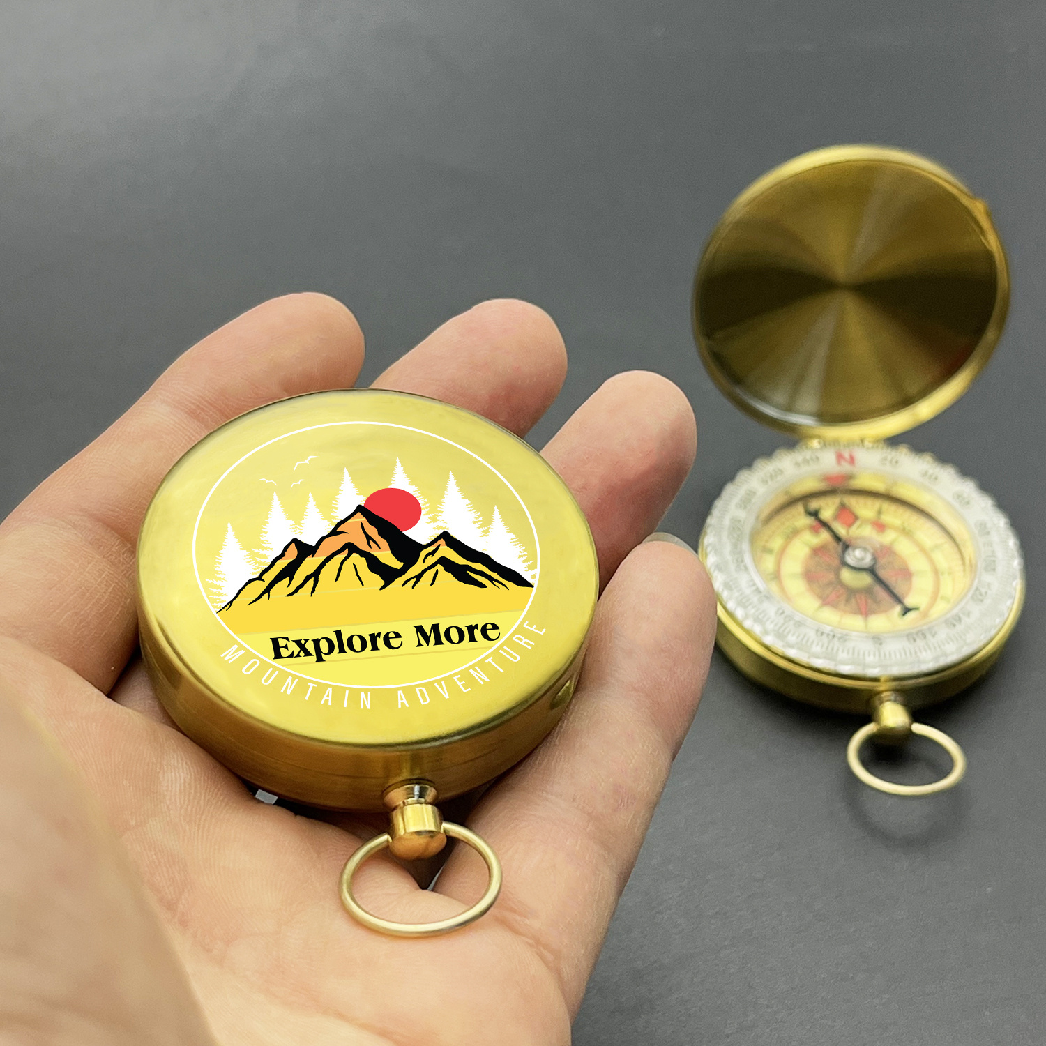 Pocket Compass with Mountain Adventure Print