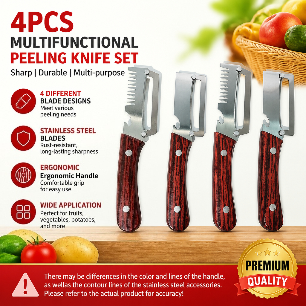TEMU Newly Upgraded Premium Heavy-duty Steel 4pcs Multifunctional Peeler Set, 2 Serrated And 2 Straight Peelers, Ergonomic Handle, 3-in-1 Peeling,