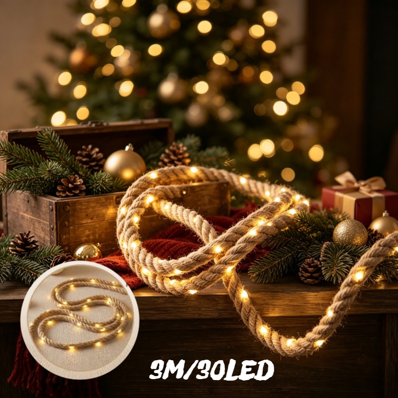 TEMU 1 pieza de guirnalda de luces de cuerda de cáñamo de 3 m extralarga para bricolaje, color , funciona con pilas (sin cable de alimentación, pilas