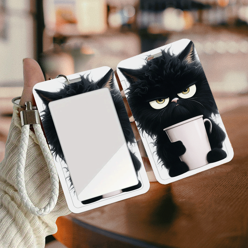 TEMU Porta badge 2D piatto stile gattino, , con stampa di da caff癡, con cordino - Clip per badge ID, custodia per carte di , porta badge per e