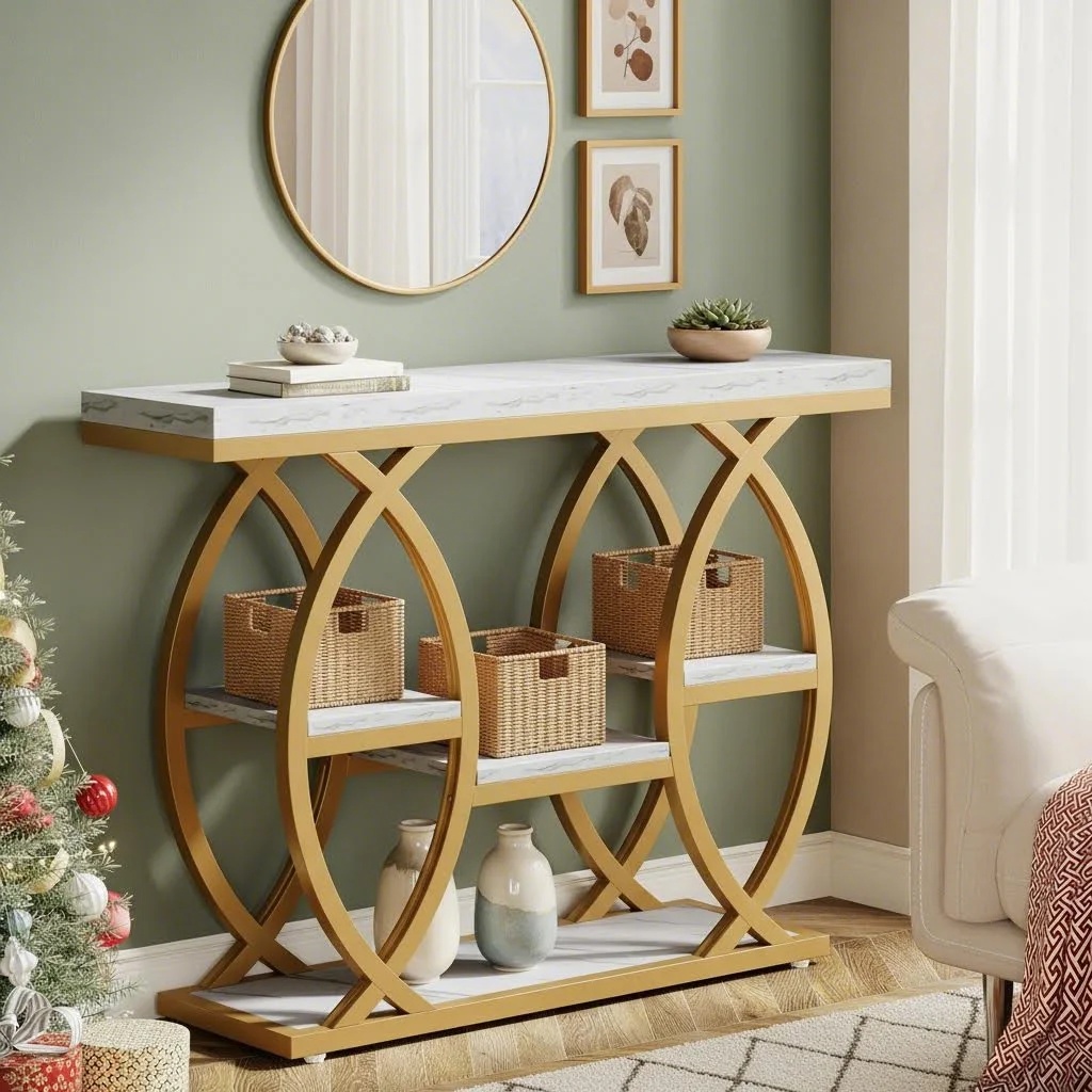 39.4' Console Table, Industrial 4-tier Sofa Table Entryway Table With Storage Shelves, Narrow Wood Accent Tables With Metal Frame For Small Spaces, Hallway, Foyer, White Golden