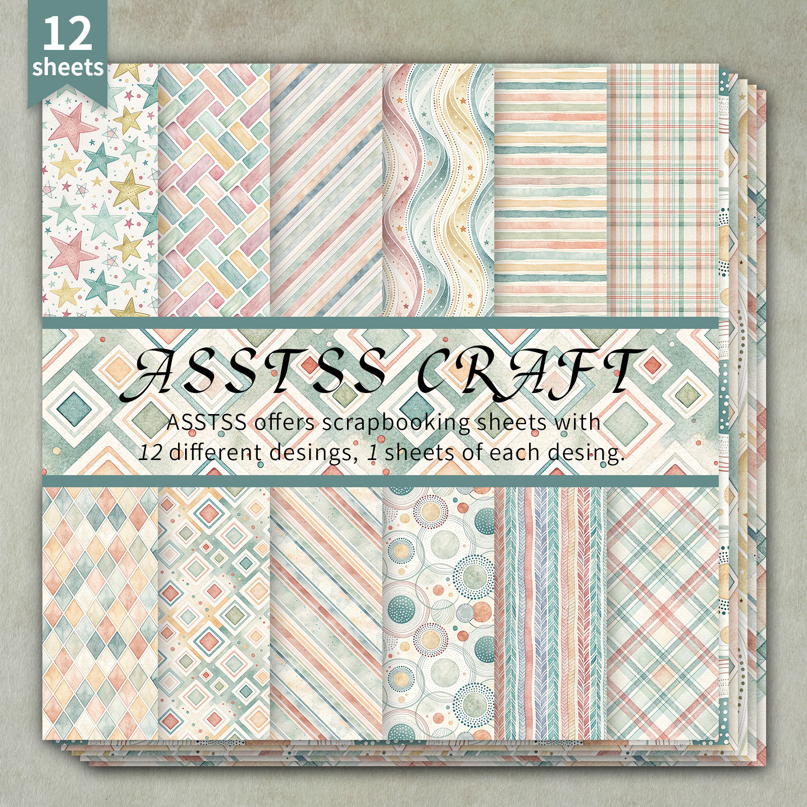 TEMU 12-sheet Asstss -inch Scrapbooking Paper Pad, Retro Geometric Minimalist Backing Paper Supplies, Heavyweight Cardstock For Journaling, Collage