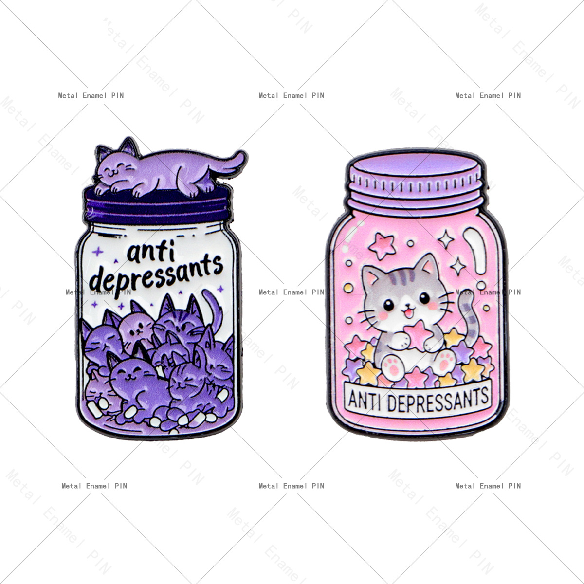 TEMU 2pcs/set Cute Enamel Pins, Anti-depressants Kitten In Bottle Lapel Badges, Funny Mental Health Inspirational Brooches For Backpack Clothing