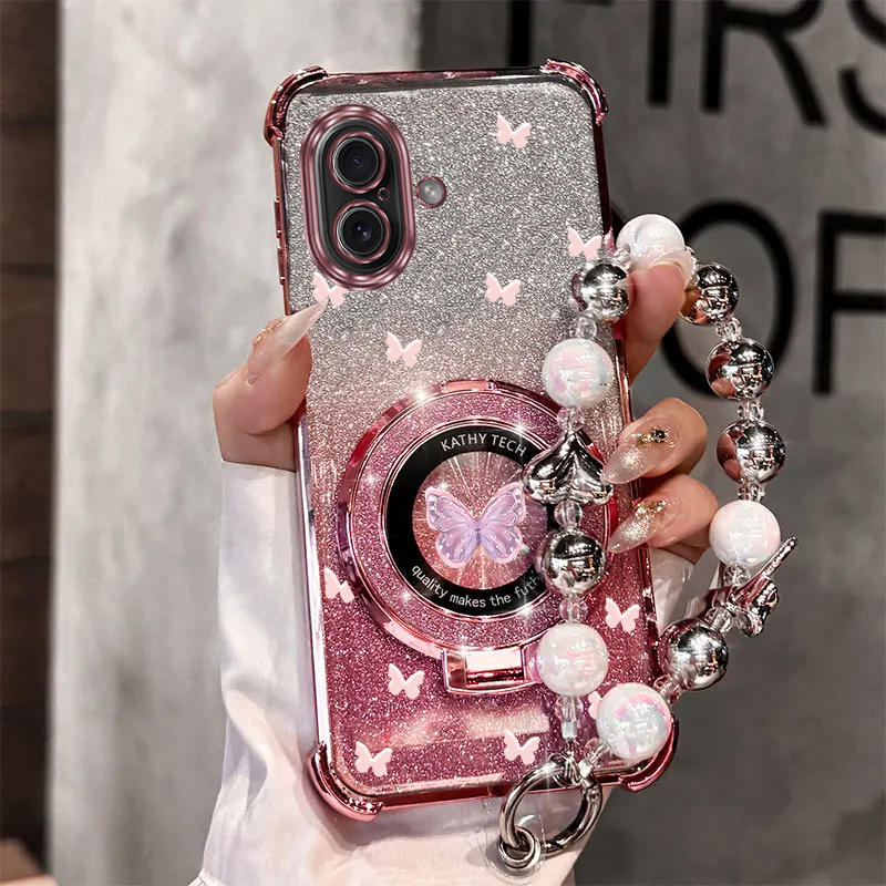 TEMU Étui de téléphone : Étui de luxe avec bracelet poignet papillon perle magnétique pailleté pour iPhone 16, -, support -chute, couverture arrière