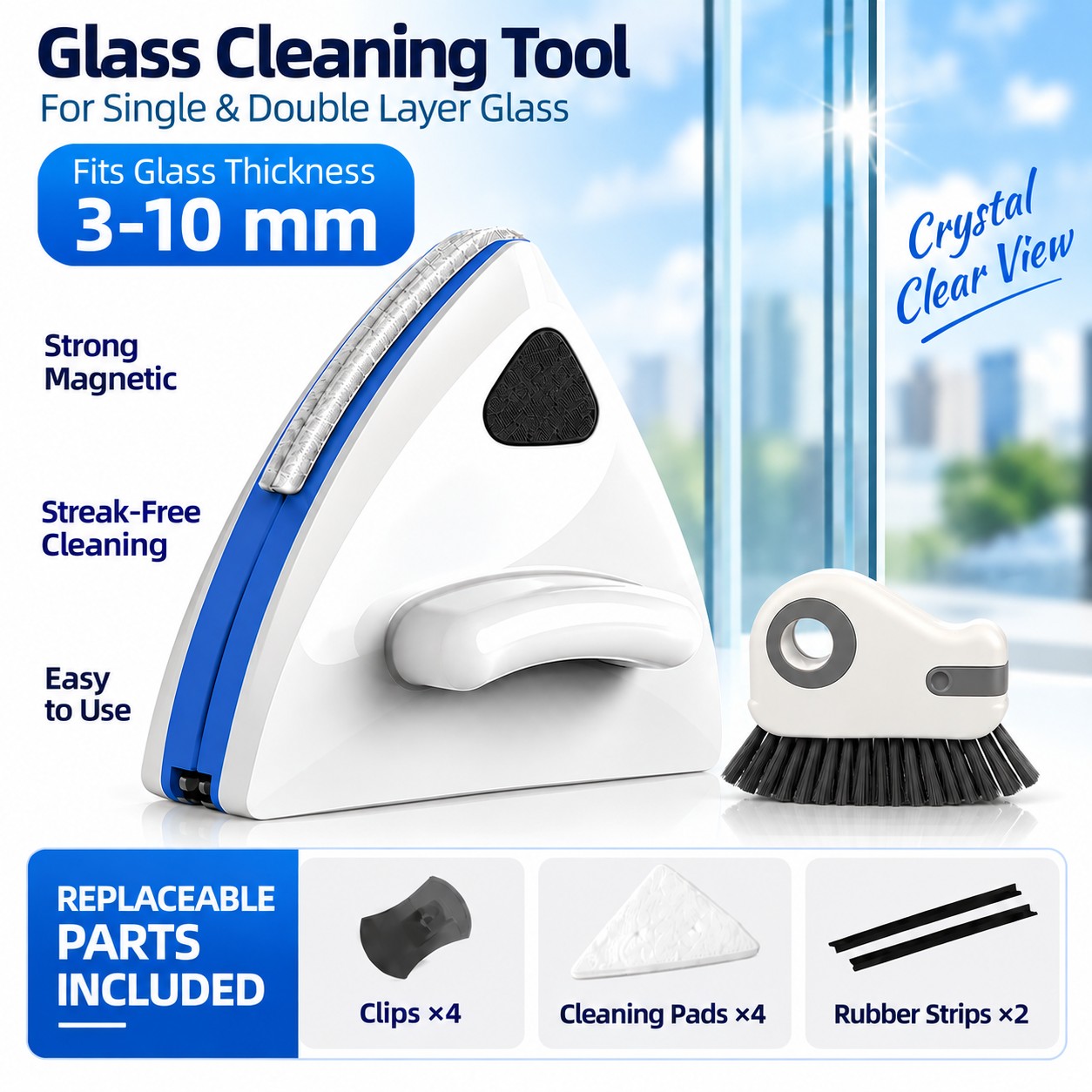 TEMU Nouveau nettoyeur de vitres magnétique double face avec brosse de nettoyage pour fenêtres, un outil de nettoyage de vitres à double face adapté