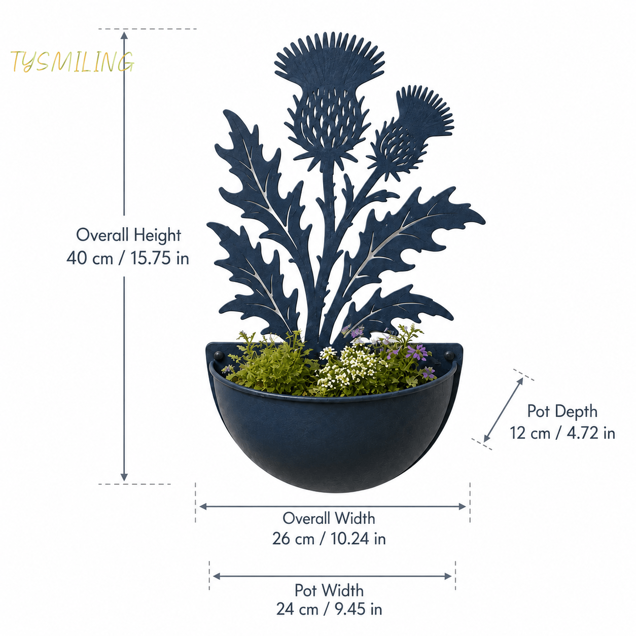 Image of Navy Blue Metal Thistle Wall Planter, Hanging Half-round Flower Pot With Floral Leaf Design For Garden, Patio, Fence And Outdoor Wall Decor, Rustic Plant Holder