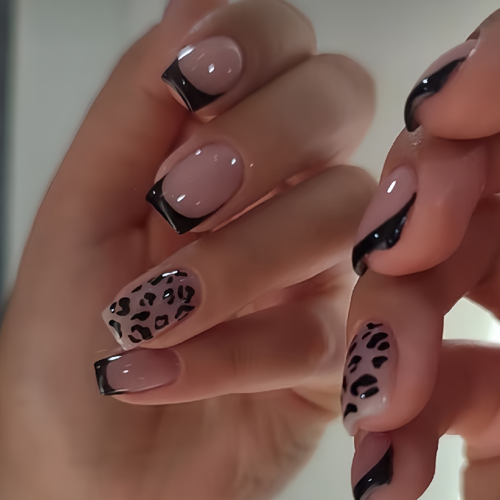 TEMU Enhance Your Beauty 24pcs Chinese Cool Nude Leopard Spot Glossy Fake Nails Fashionable All-match Wearable Nails Suitable For Spring Summer Women