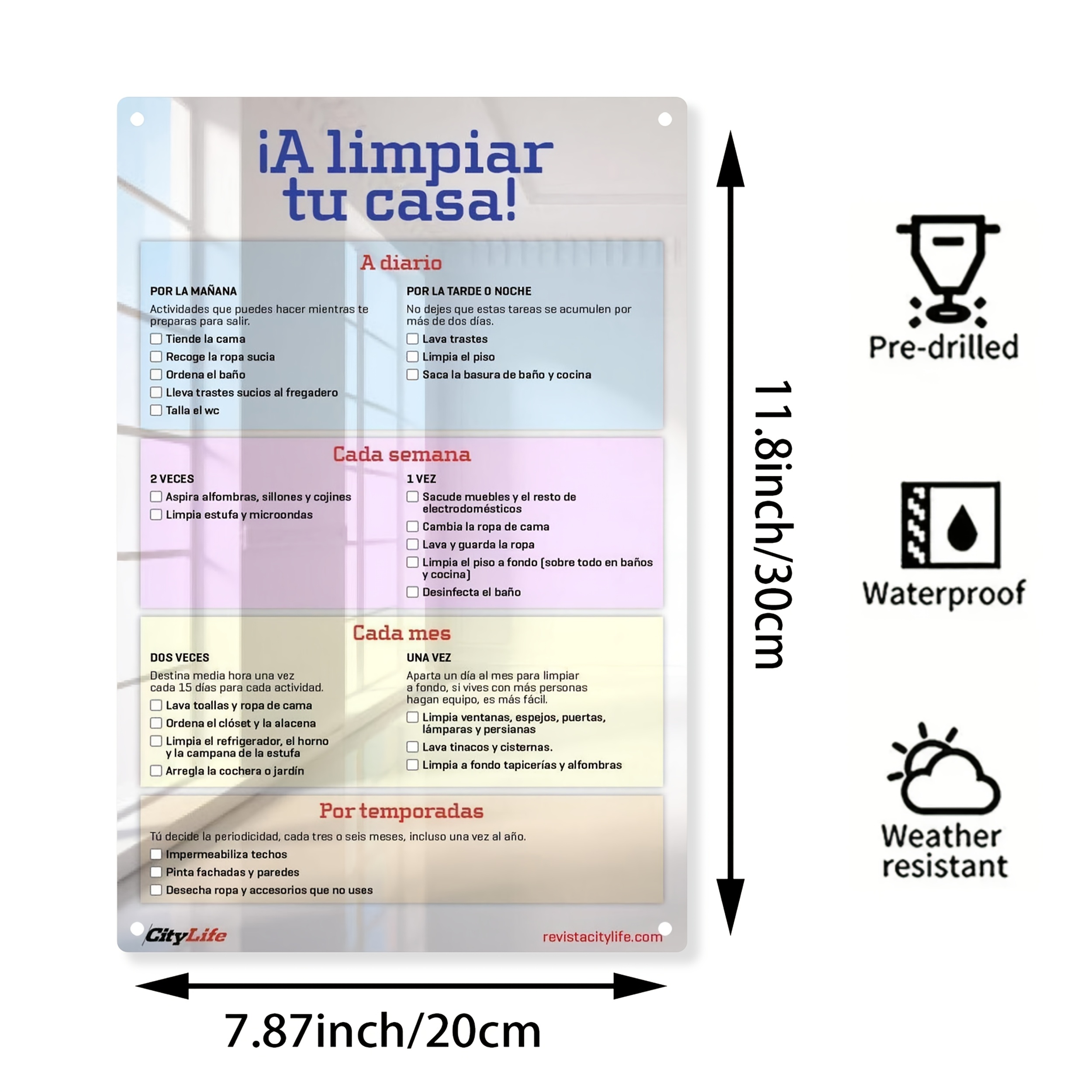 TEMU Tabla de de Limpieza Diaria Bilingüe Español/Inglés 2D , 1 pieza - de de Limpieza de Casa de Metal de 20*30Cm/8X12Pulgadas con , Calendario de