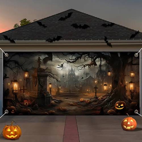 1pc spooky graveyard garage door decoration with outdoor indoor washable knit polyester hanging party decor suitable for trick or treat no electricity needed night scene