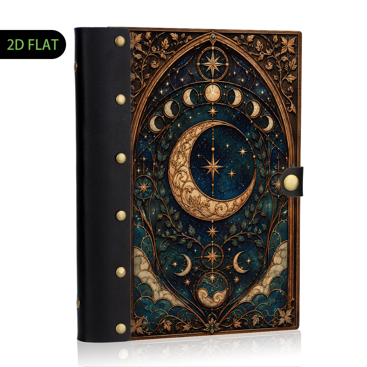 TEMU 1pc Cahier en bois et cuir avec et phases de , coque rigide plate 2D, rivets en métal, reliure à feuilles mobiles, papier d'écriture doux pour ,