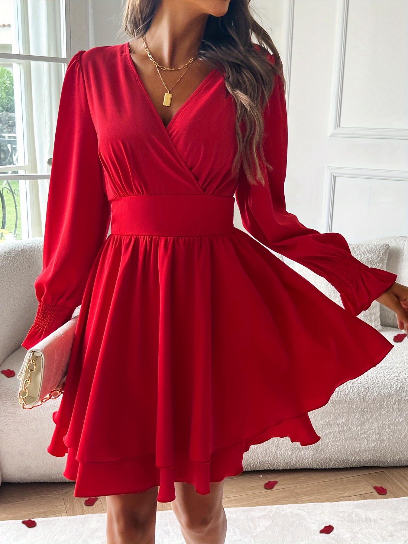 Elegant Red V-Neck Wrap Dress for Women - Double-Layer Pleated Waist elegant red v neck wrap dress women double layer pleated - Temu