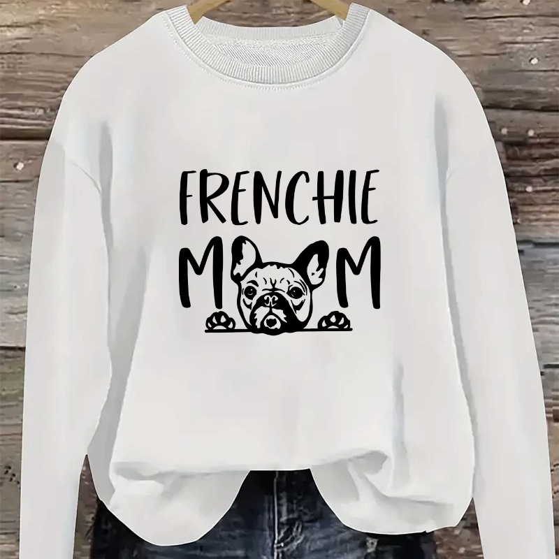 

1pc Women's Casual Crew Neck Sweatshirt With French Bulldog Print, Polyester Knit Fabric, Animal Pattern, Fashion Top