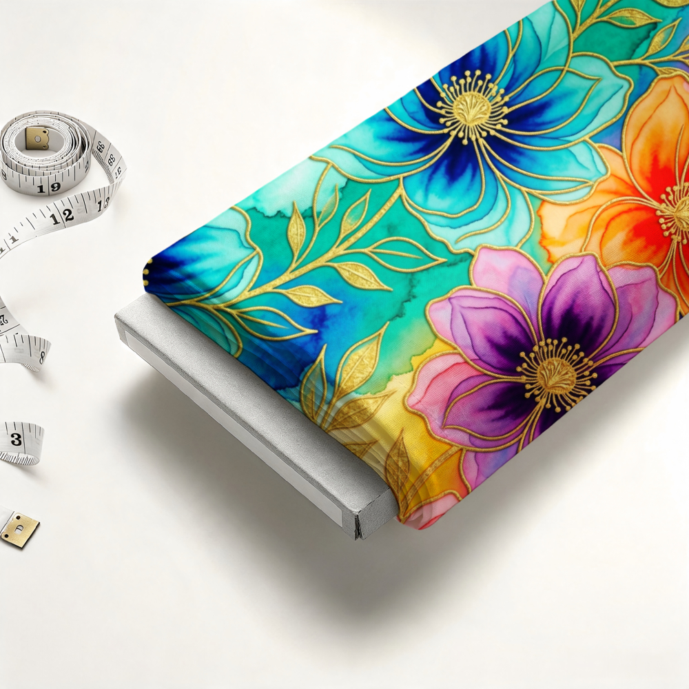 TEMU 1pc Vibrant Watercolor Floral Print With Golden Outlines, 100% Polyester Fabric, For Quilting Sewing And Crafts, Premium Material, Suitable For