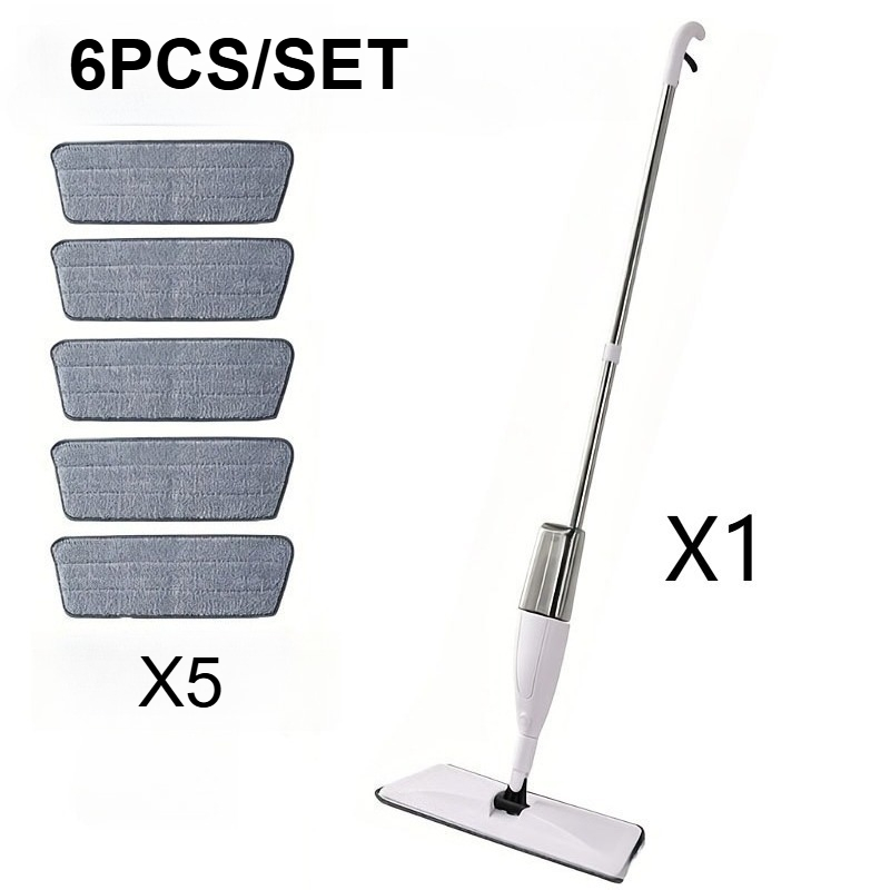 TEMU 6pcs/set [1mop+5 Replace Mop Cloth]microfiber Spray Floor Mop With Reusable Pads, Refillable Liquid Bottle Household Spray Mop, Ergonomic Handle