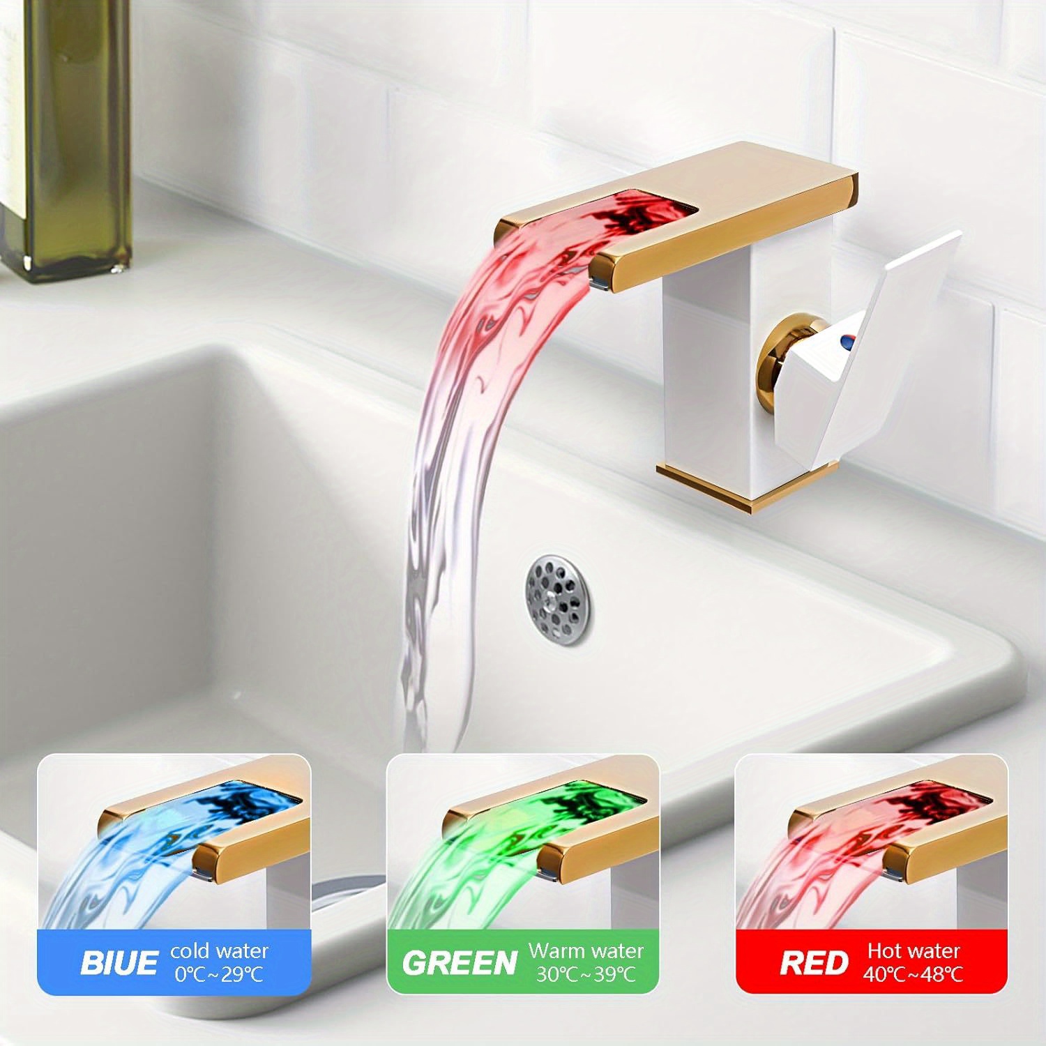 Image of Waterfall Faucet Bathroom Faucet White And Golden For Homes, Kitchens, Bathrooms, Restaurants, Hotels, Bars