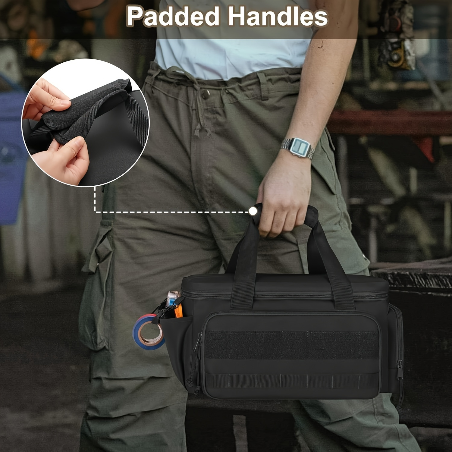 Juego de herramientas de 14 pulgadas con base resistente a rayones y caja de trabajo negra duradera para electricistas y técnicos de reparación—Práctico bolso de almacenamiento multi-compartimento