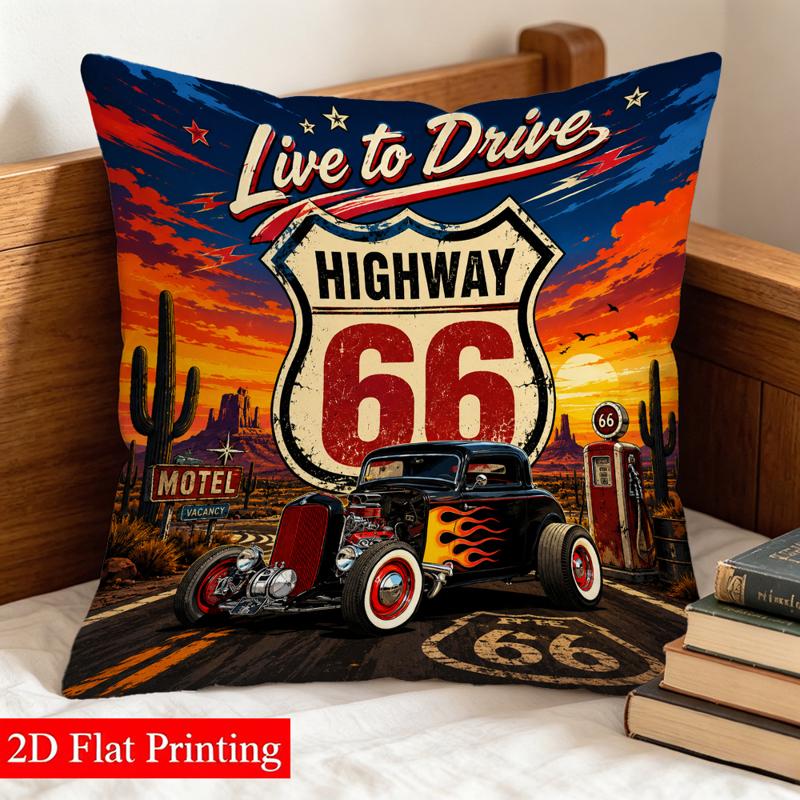 TEMU 1pc 2d Printed Double-sided Pillowcase, 45x45cm, Retro Theme With "live To Drive", Hot Rod Car And Desert Scene, For Living Room, Bedroom, Sofa,