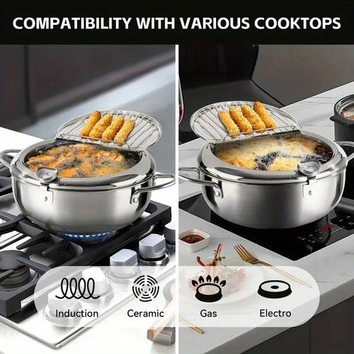 20cm 304 stainless steel frying pot with thermometer japanese deep fryer with oil drip rack lid 7 9 inches compact for