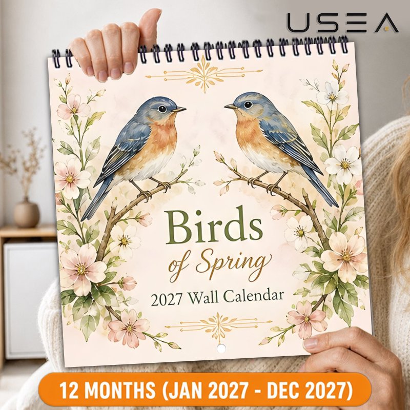 TEMU 2027 Wall Calendar2027 Birds Of Spring Wall Calendar, 12 Month Jan-dec 2027 Hanging Twin Wire Calendar, 8.3x8.3 Inch With Large Blocks, Floral