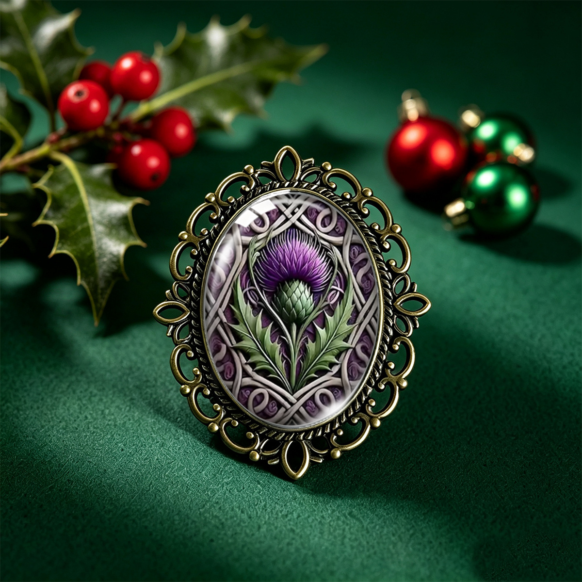 TEMU 1pc Purple Scottish Thistle Celtic Retro Pattern Ethnic Literary Style Vintage Bronze Oval Lace Glass Brooch