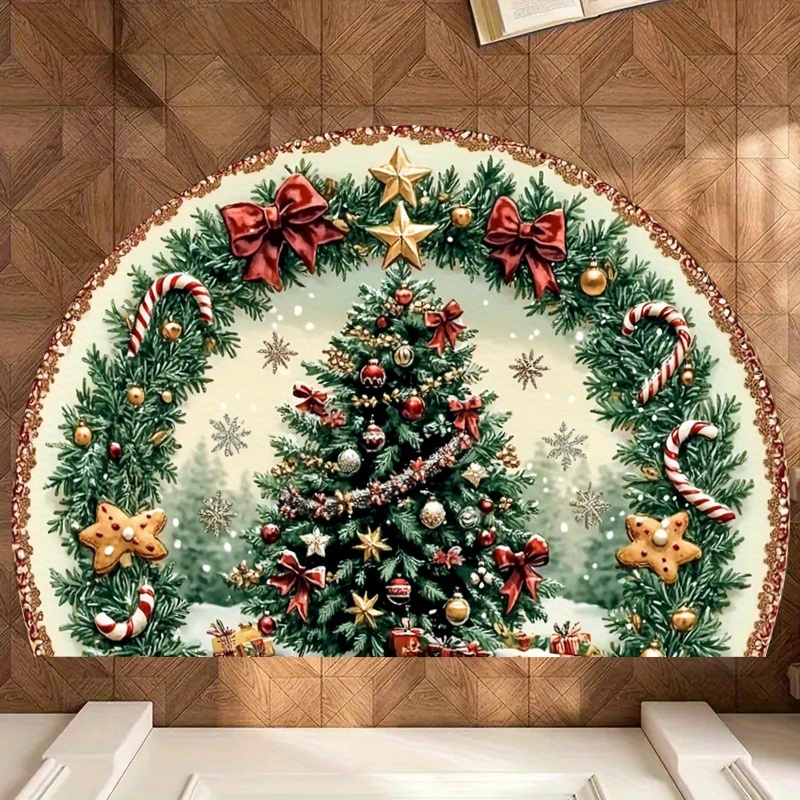 TEMU Felpudo navideño con forma de árbol, campana y pajarita, 1 pieza - Diseño festivo con flor de pascua, bastones de caramelo y , con reverso