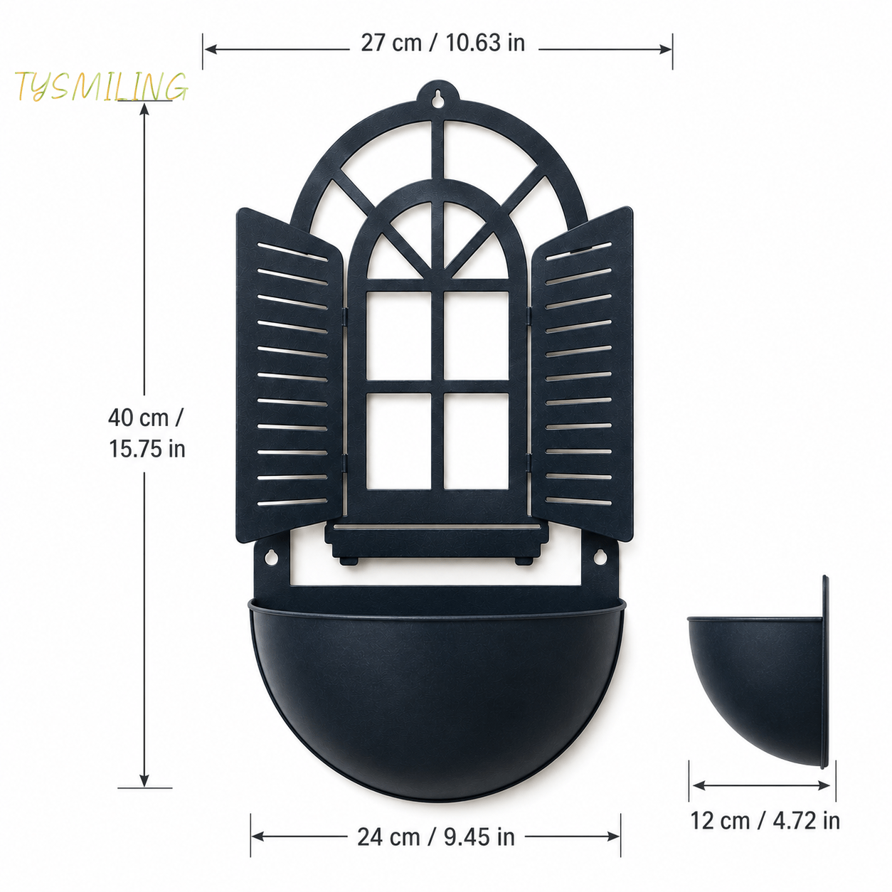 Image of 1pc Black Window Shutter Wall-mounted Planter, Metal Arched Window Half-round Flower Pot, Outdoor Garden Fence Porch Wall Decor, 40cm