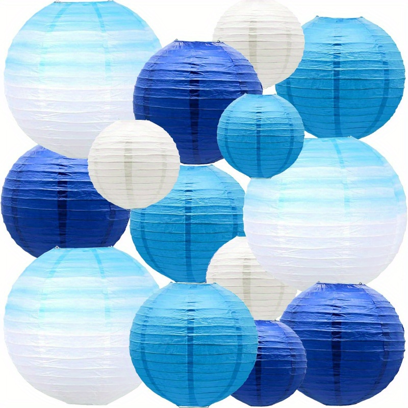 14pcs Blue Ocean-themed Wedding & Party Paper Lantern Set - Nautical Sea Theme Hanging With Marine Decorations For Showers, Parties, / Events - Easy To Hang, Durable Paper Lanterns For Ceiling & Wall