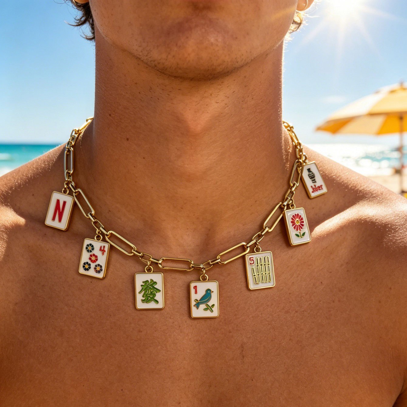 TEMU 1pc 1pcs Bohemian Mahjong Pendant Necklace Suitable For Parties, Travel & Gifts - Adjustable Plated Collarbone Chain With Mahjong Beads, Unisex