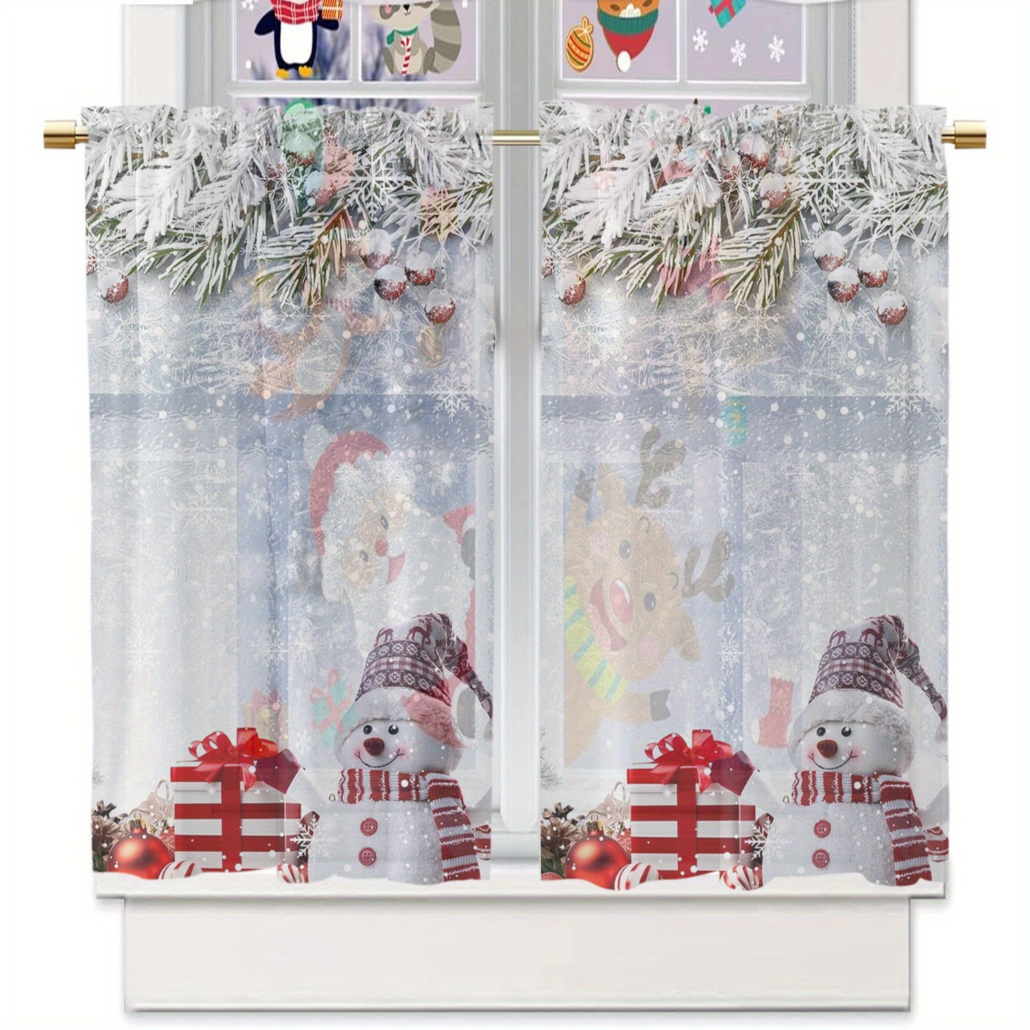 TEMU 2pièces Ensemble de rideaux transparents de scène de neige d'hiver floral de de neige de Noël, rideaux décoratifs à poche de tige, rideaux
