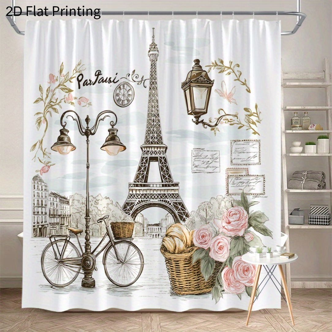 TEMU Rideau de douche plat 2D, Rideau de douche plat 2D, Rideau de douche plat 2D, Rideau rétro de de rue avec Eiffel, des vélos, des roses roses et